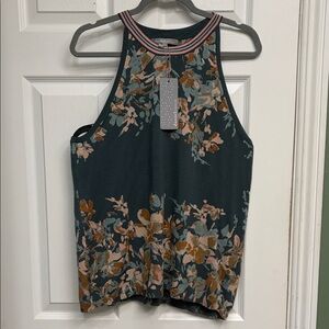 Daniel Rainn Dark Green Floral Ribbed Halter Tank with Striped Neckline